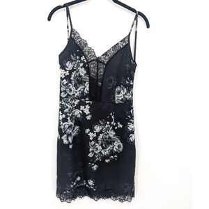 Vintage Slip Dress Womens XS Black Floral Lingerie Lace Y2K 90s Fairy Goth